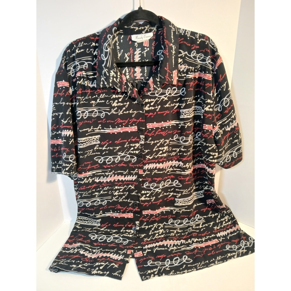 Mandy Evans short sleeve button blouse size 2XL black with red/white graphics
